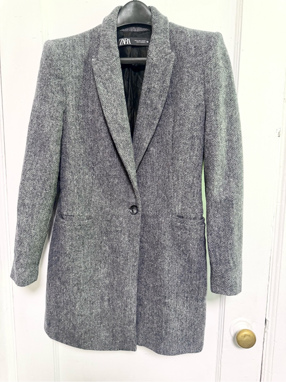 Zara 100% Wool Gray Blue Herringbone Single-Button Women's Blazer Coat